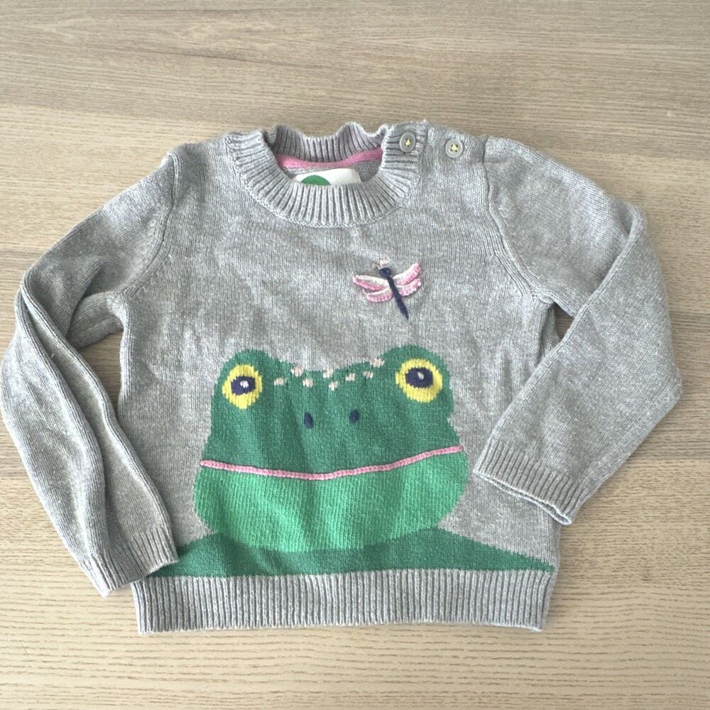 Mini Boden 2-3Y Sweater Frog Gray Knit Cotton Crew Neck Long Slv Button